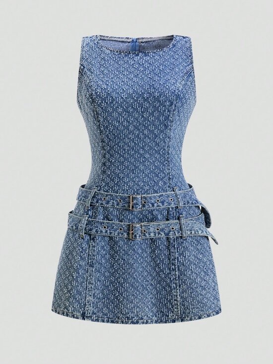 MODA ME COUTURE Dresses & Skirts - Dark Wash Sleeveless Women's Denim Dress with Waist Buckle